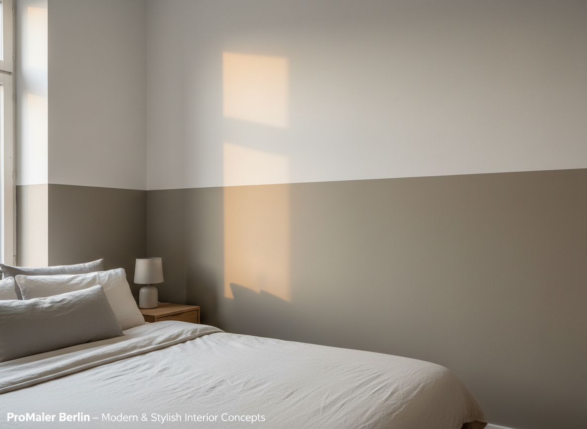 A cozy Berlin bedroom corner featuring a professionally executed two-tone wall design: the lower half in a soft, warm greige and the upper half in pure matte white, separated by a perfectly straight horizontal line. A simple bed with neutral linens and a small wooden nightstand sit in front, but the emphasis is on the crisp, flawless paintwork and smooth wall texture. Gentle early-evening window light enters from the left, creating soft gradients and subtle shadows, enhancing the depth of the colors. Photographic realism, framed at eye level with a slight angle, evokes a calm, elegant, and high-quality residential atmosphere, underlining ProMaler Berlin’s expertise in modern, stylish interior concepts.