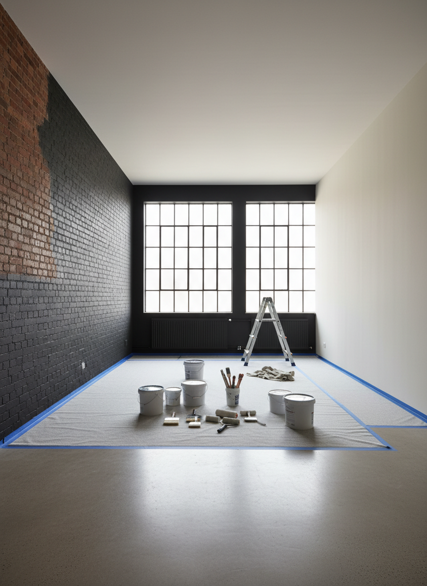 An industrial-style Berlin loft workspace with exposed brick partially painted in a rich, deep anthracite, transitioning into a smooth plastered wall in warm white. The floor is polished concrete, and a large, neatly covered area with protective fleece and taped skirting boards shows a professional painting setup: organized paint buckets, aligned rollers, brushes, and a clean aluminum ladder. Big factory windows on one side let in diffused daylight, illuminating the work area without harsh shadows. The composition is wide-angle, capturing the overall order and cleanliness of the workspace. The mood is efficient and reliable, with photographic realism emphasizing professional preparation as an essential part of high-quality painting services.