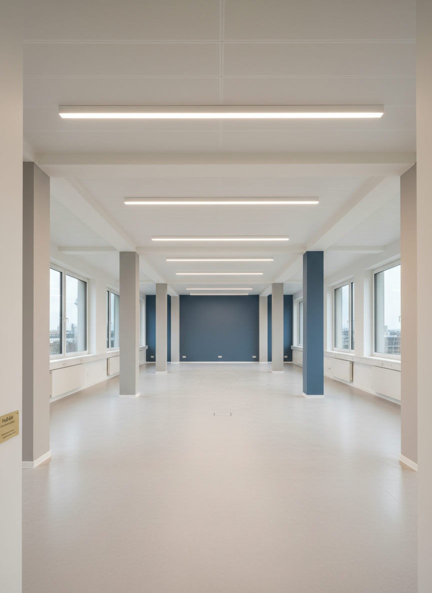 A panoramic interior view of a modern Berlin office space freshly painted in a sophisticated palette of warm white and soft stone grey, with one bold accent wall in a muted corporate blue. Large windows overlook a slightly blurred Berlin skyline, while the painted walls and columns appear flawlessly smooth and uniform. Linear ceiling lights cast even, neutral-white illumination, producing clean, minimal shadows that accentuate the precision of color transitions and edges. Photographic realism, captured from a slightly elevated angle with sharp focus, conveys a spacious, orderly, and professional environment, ideal as a showcase of ProMaler Berlin’s commercial painting expertise and ability to deliver immaculate results in business settings.
