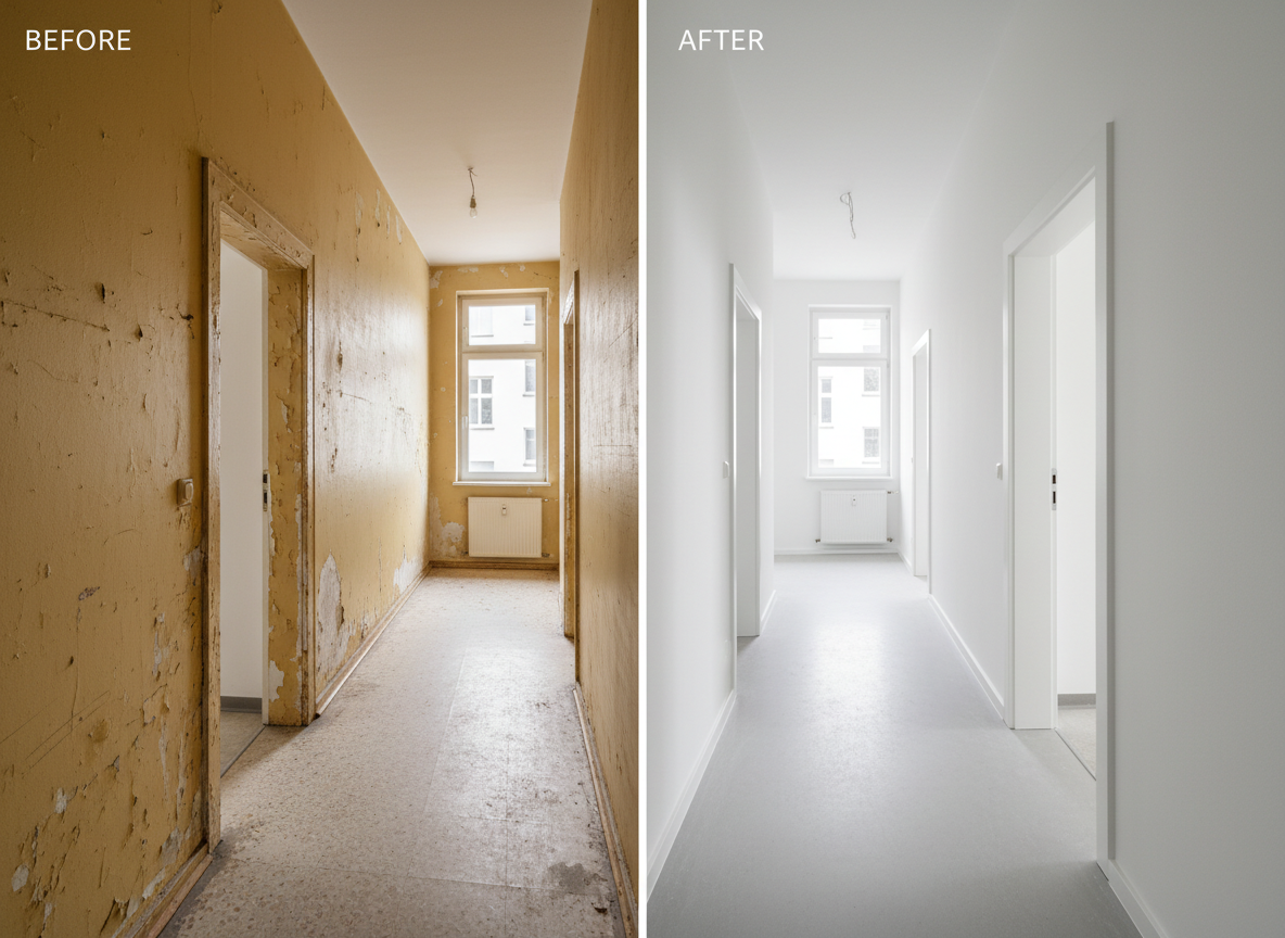 A split-view photographic composition of a Berlin apartment corridor, left side showing the “before” state with yellowed, scuffed walls and chipped door frames, right side showing the “after” result with perfectly smoothed plaster, pristine bright white paint, and sharply defined edges. The same perspective runs through both halves, with a long hallway leading to a softly lit window at the end. Overcast natural light from the window creates consistent, diffused illumination, emphasizing the transformation in surface texture and color. The mood is professional and trustworthy, with a clean, documentary-style realism that clearly communicates the craftsmanship and attention to detail of the painting project.