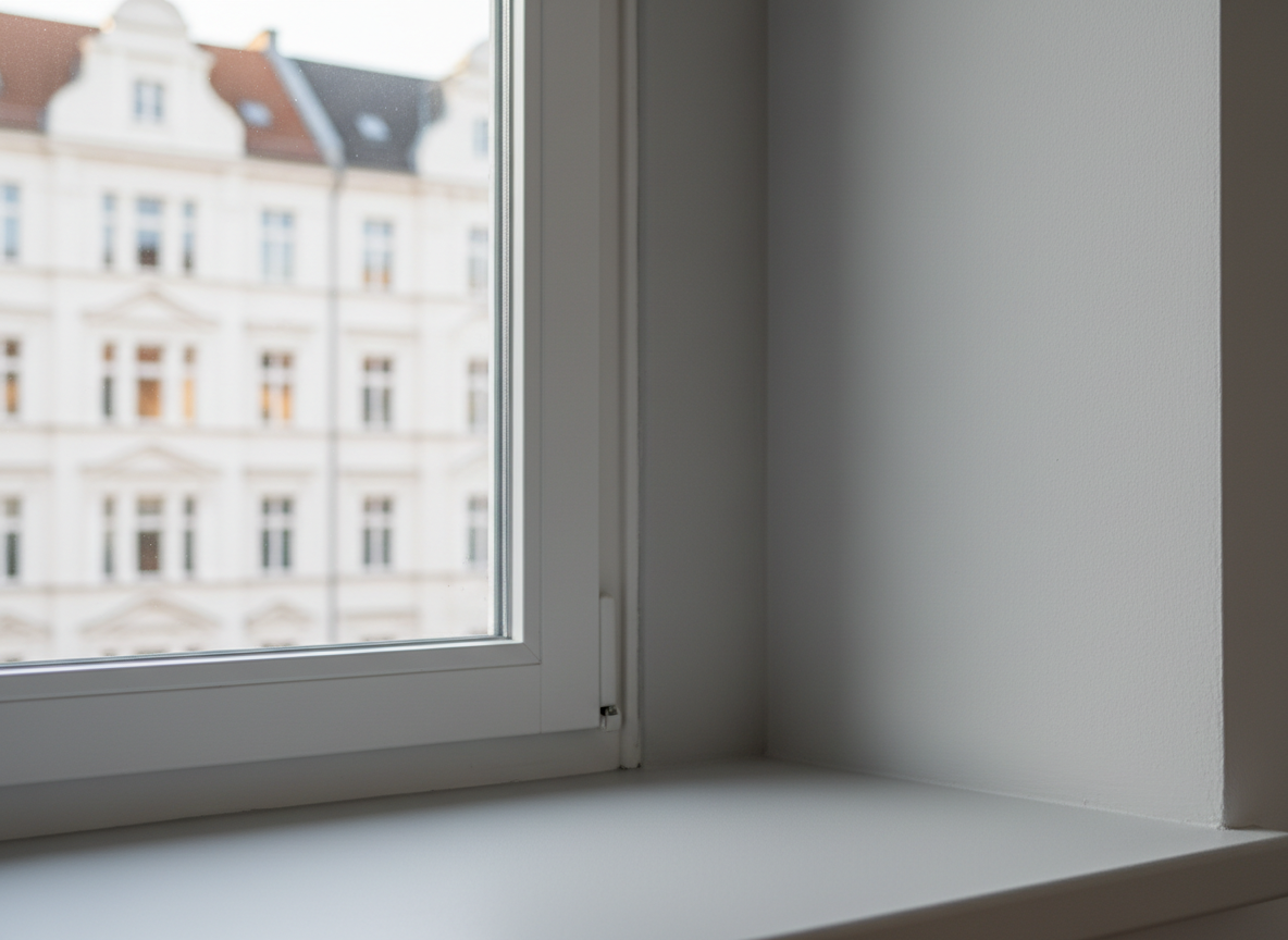 A detailed close-up of a freshly painted interior window niche in a Berlin Altbau, the deep reveal finished in a smooth, uniform light grey while the surrounding wall is a pure matte white. The window frame is neatly lacquered in a subtle satin white, without any visible brush marks, and the corners are sharply cut. Outside, the recognizable silhouettes of Berlin’s residential buildings are softly out of focus. Soft afternoon daylight enters from the side, creating gentle gradients on the painted surfaces. Photographic realism, shot from a slightly angled macro perspective to highlight flawless edges, refined textures, and the meticulous workmanship typical of ProMaler Berlin.
