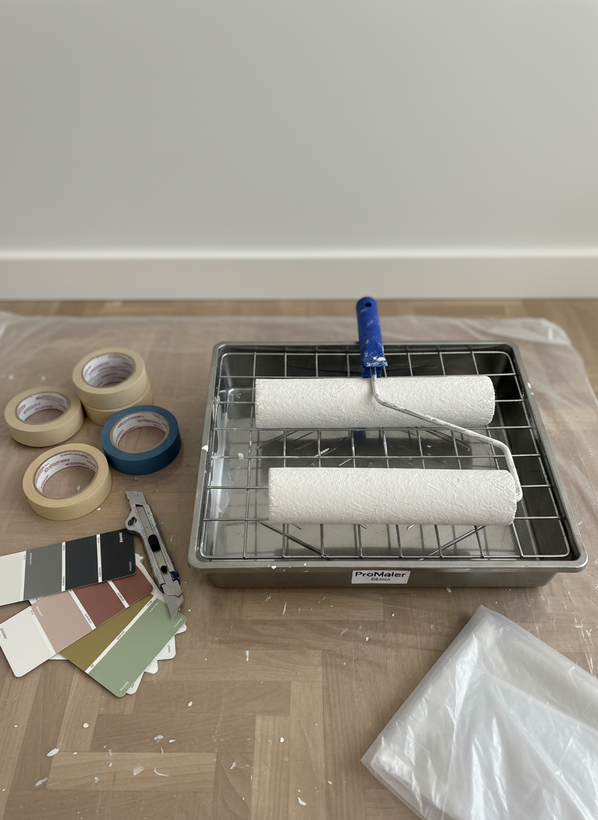 A close-up, top-down photographic view of a perfectly organized painter’s workstation set on a protected parquet floor in a Berlin apartment. High-quality paint rollers with evenly coated white paint rest on a metal grid over a clean tray, alongside neatly arranged masking tape rolls, a precision cutting knife, color sample cards in muted urban tones, and a folded plastic dust sheet. The background shows only a hint of a freshly painted baseboard and smooth wall. Soft, diffused indoor lighting creates subtle reflections on the metal tools and gentle shadows around the objects. The mood is calm and methodical, highlighting ProMaler Berlin’s attention to planning, materials, and preparation before every project.