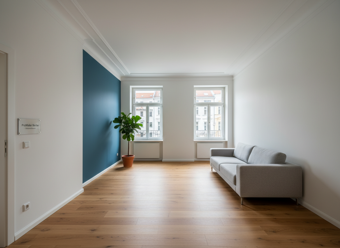 A freshly renovated Berlin Altbau living room with impeccably painted matte white walls and a single accent wall in a deep, sophisticated petrol blue. The high ceilings feature crisp, flawlessly edged stucco moldings, and the wooden floorboards are warm honey oak. Large double windows reveal a subtle hint of Berlin’s cityscape, softly blurred. Natural daylight floods the room, creating gentle highlights along the smooth wall surfaces and casting soft shadows from a minimal sofa and houseplant. Photographic realism, shot at eye level with sharp focus throughout, conveying a clean, modern, and professional atmosphere that showcases the precision and quality of ProMaler Berlin’s interior painting work.