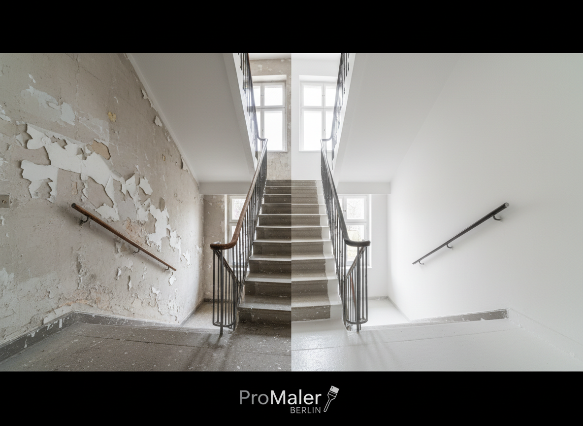 A dramatic “before and after” wide-angle interior shot of a Berlin stairwell, with the left half showing worn, greyed walls, uneven patches, and old, peeling paint, while the right half displays newly smoothed surfaces in bright white with a contrasting dark handrail and perfectly painted skirting. The same staircase geometry flows through both sides, with light from a high window casting comparable, soft shadows. The photographic realism and symmetrical composition clearly highlight the transformation in cleanliness, brightness, and precision, communicating ProMaler Berlin’s capability to refresh and modernize common areas in Berlin apartment buildings and stairwells with professional painting and preparation.